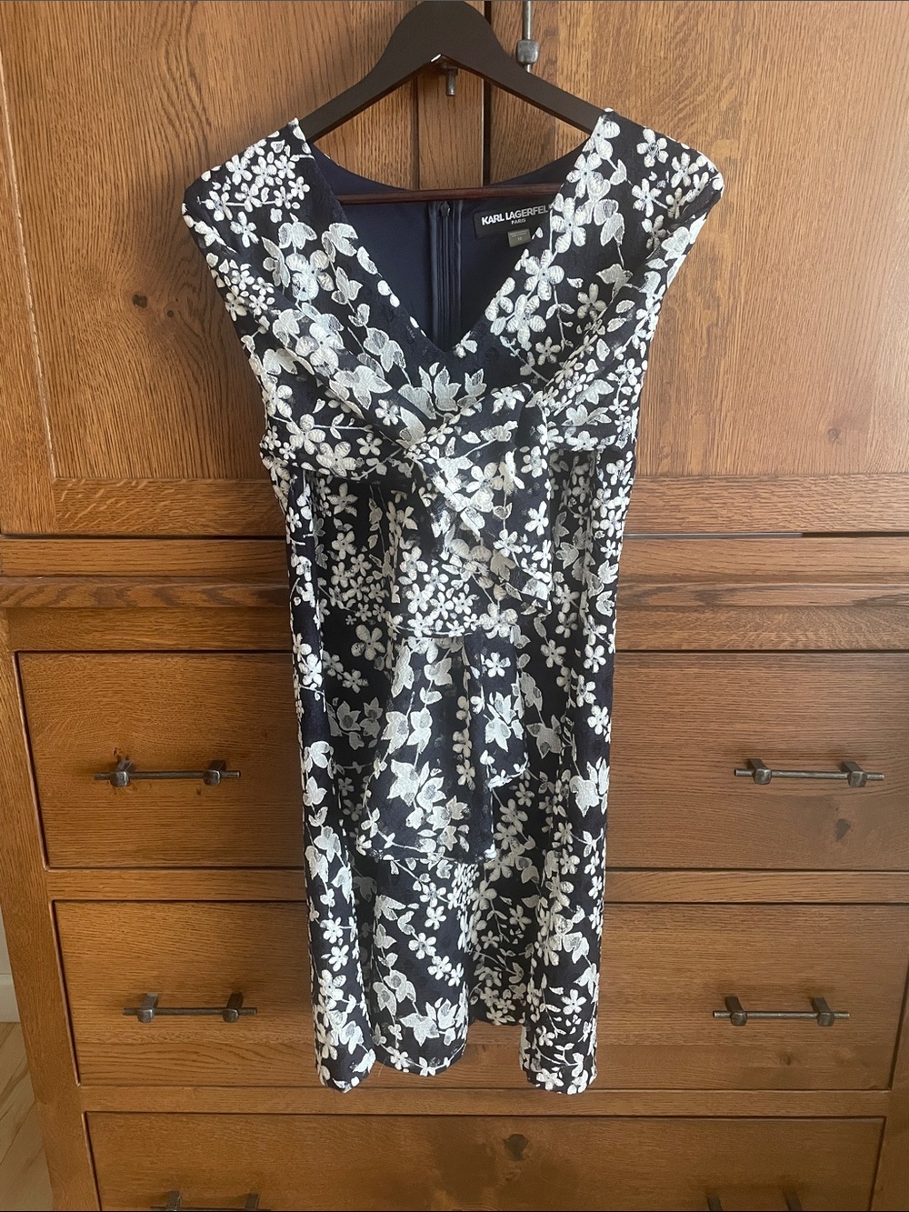 Karl Lagerfeld Black with White Floral Cap-Sleeve Midi Dress